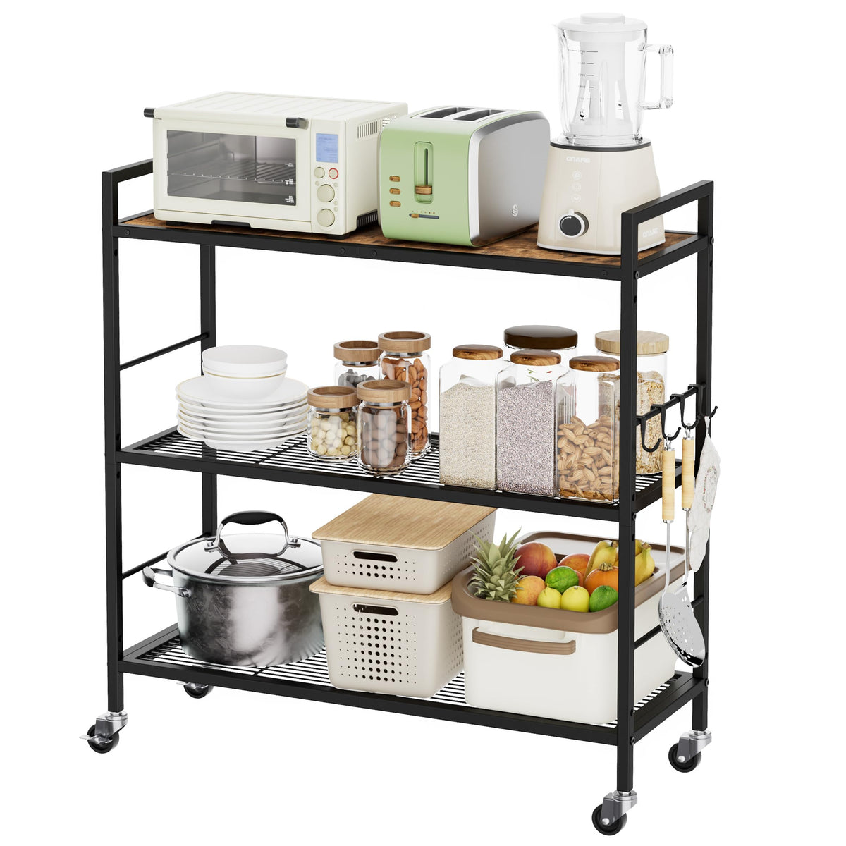 3-Tier Metal Storage Rack with Wheels, Mesh Shelving Unit, Black W3952