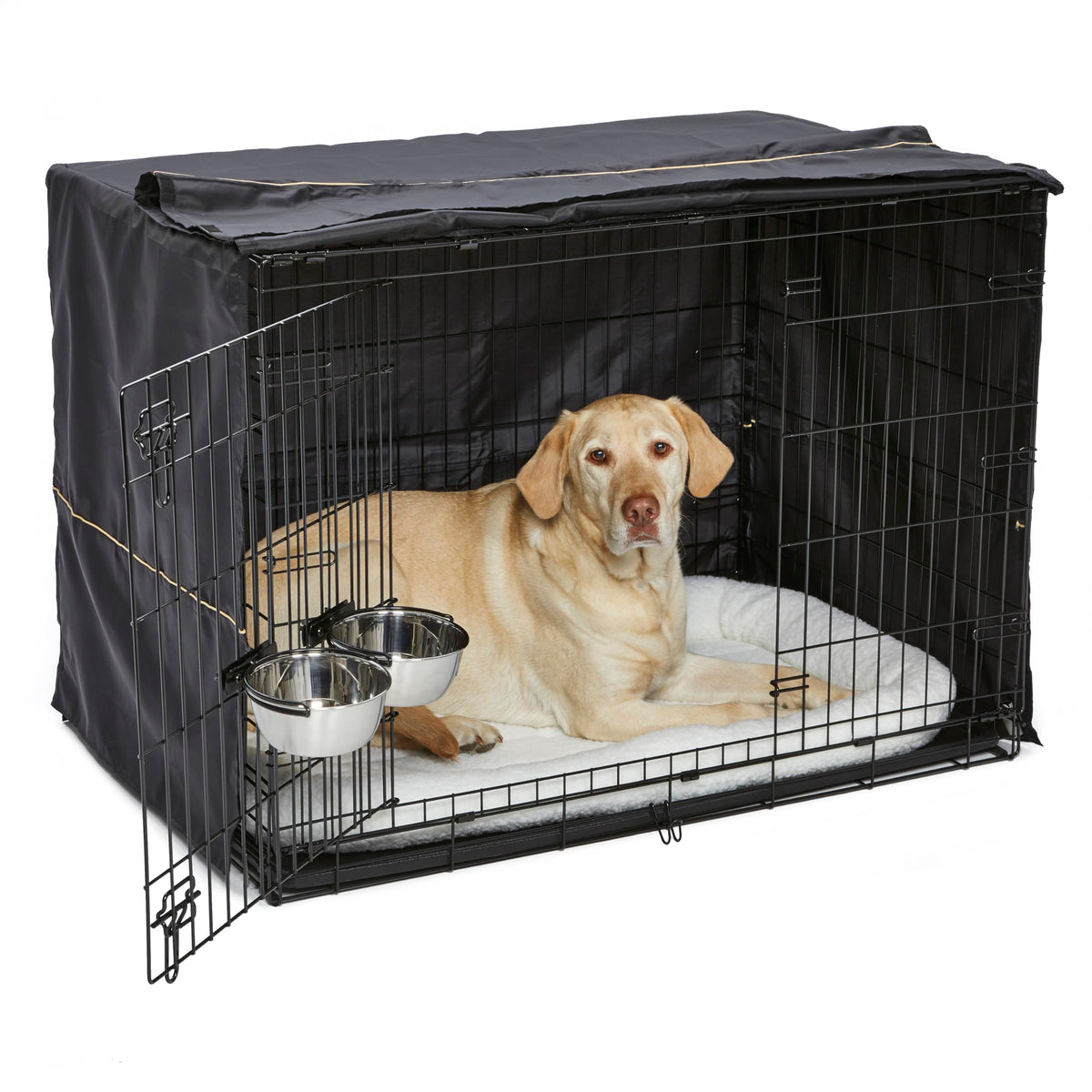 42-inch Double Door Dog Crate with Pet Bed, 2 Bowls and Privacy Cover Y83112
