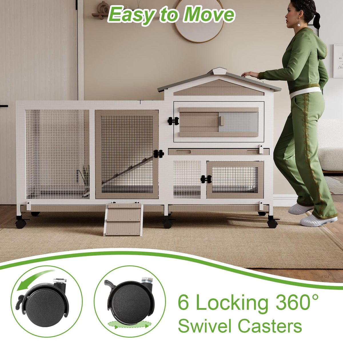 2 Story Wooden Rabbit Hutch with 6 Lockable Wheels A74561