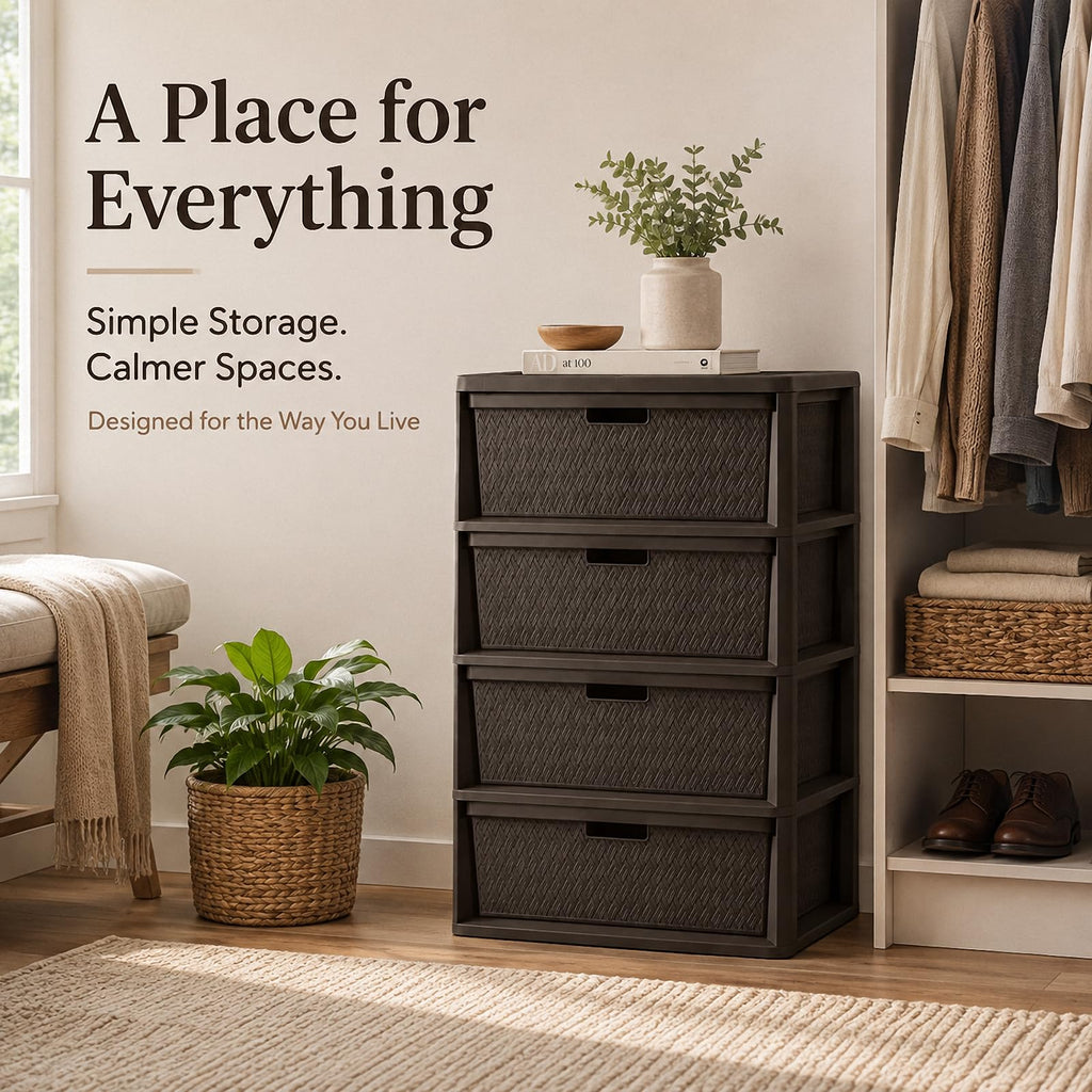 4 Drawer Plastic Storage Tower with Brown Weave Bins G31574