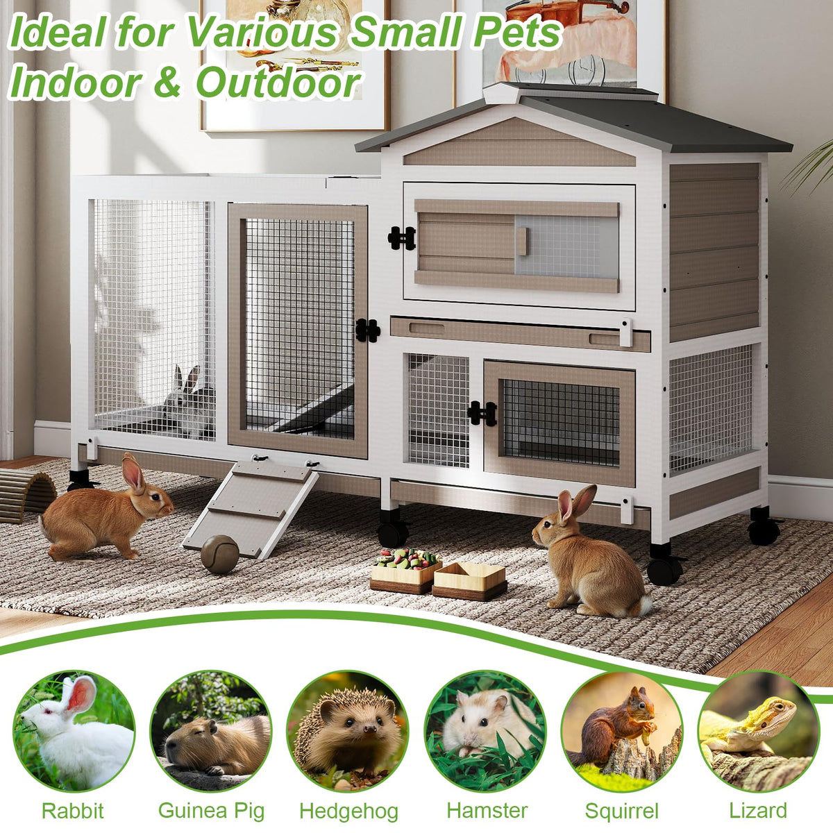2 Story Wooden Rabbit Hutch with 6 Lockable Wheels A74561