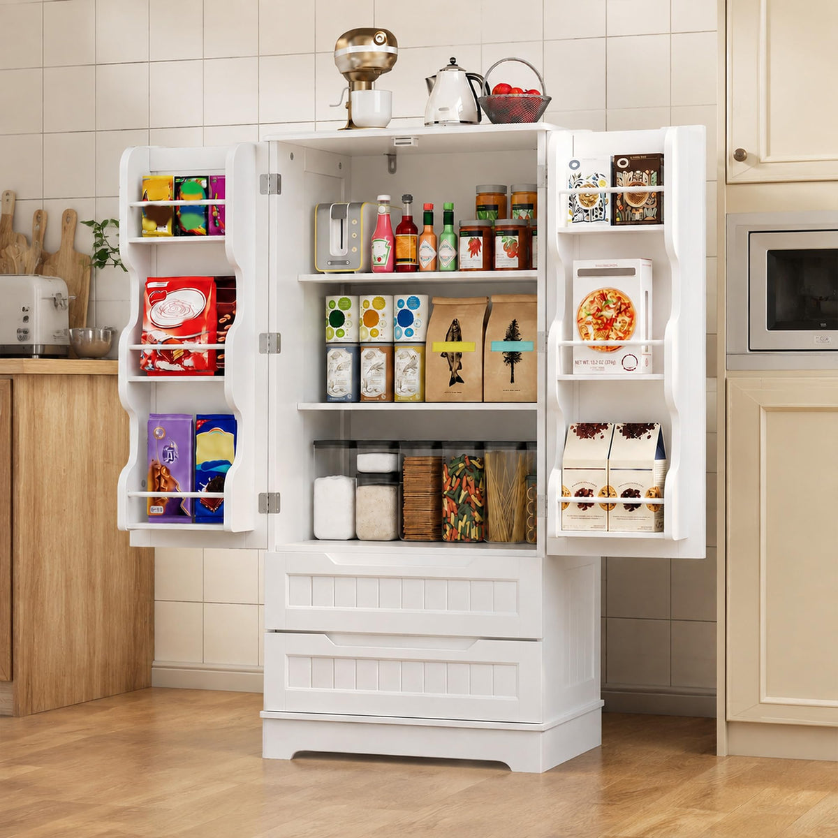 White Pantry Cabinet with 2 Drawers and 6 Door Shelves A728391