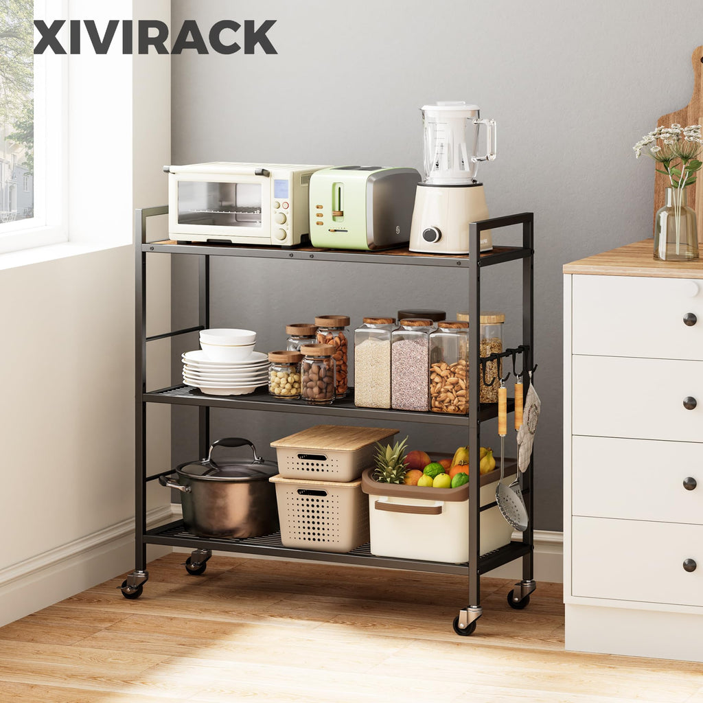3-Tier Metal Storage Rack with Wheels, Mesh Shelving Unit, Black W3952