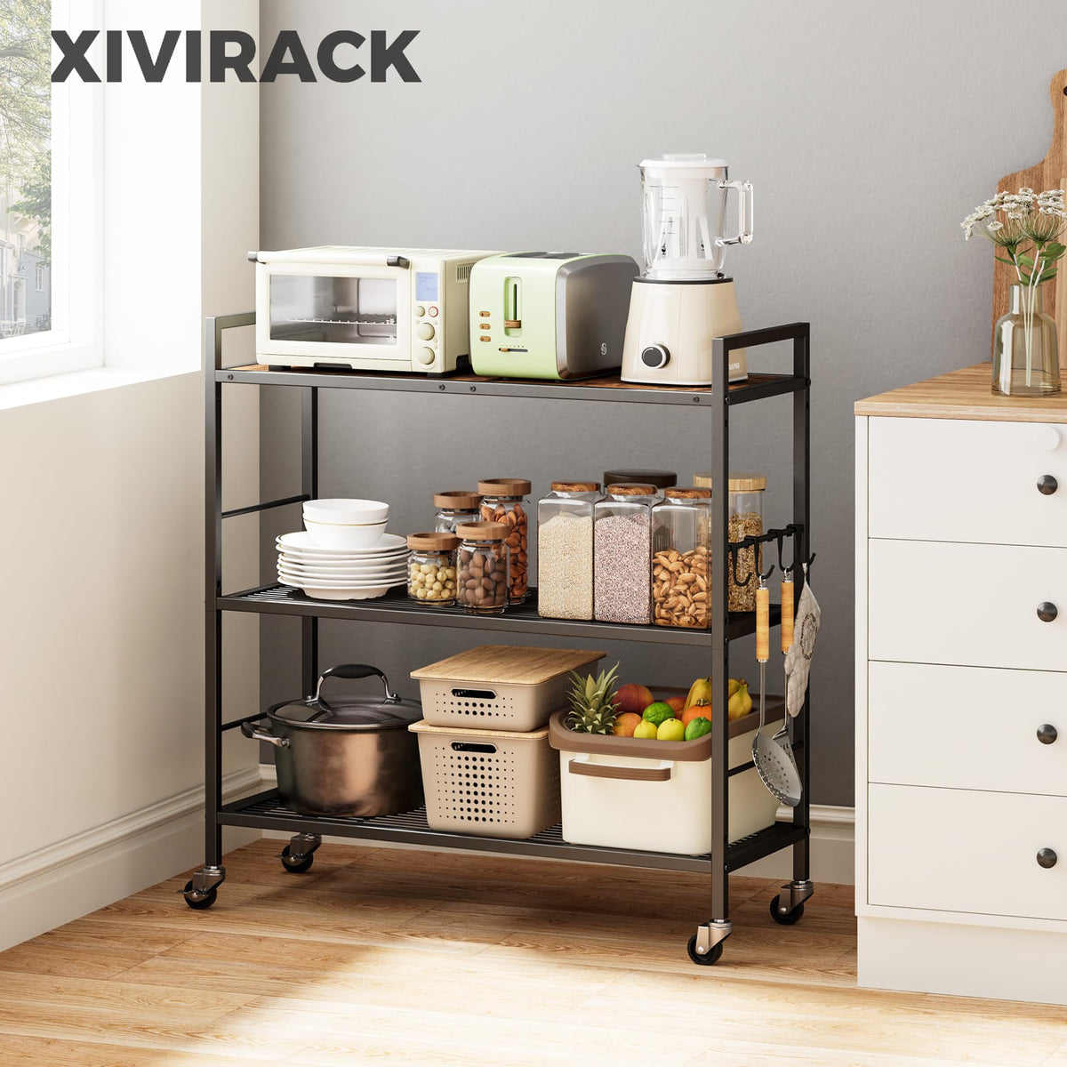 3-Tier Metal Storage Rack with Wheels, Mesh Shelving Unit, Black W3952