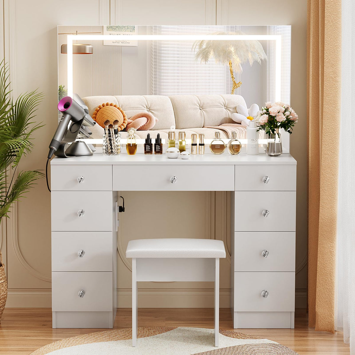 Vanity with Lighted Mirror and 9 Drawers J995