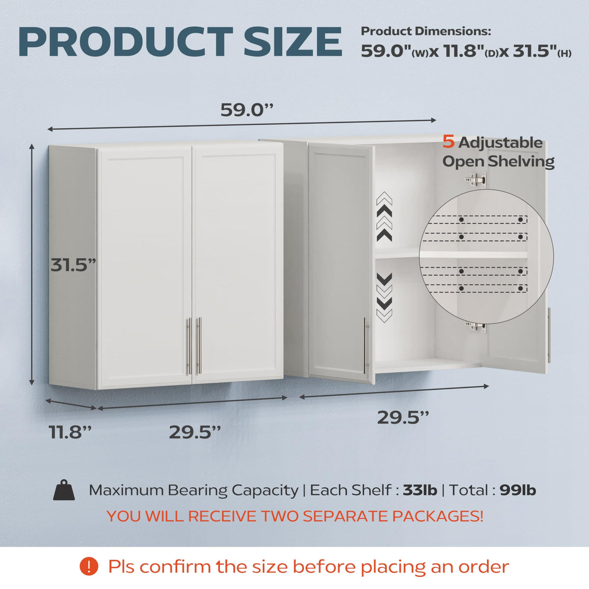 60" W White Laundry Room Wall Cabinets with Adjustable Shelf L138