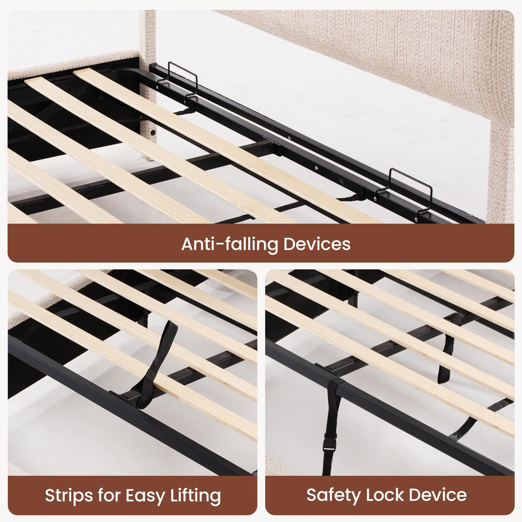 Queen Lift Up Storage Bed Frame with Adjustable Headboard, Beige R345394