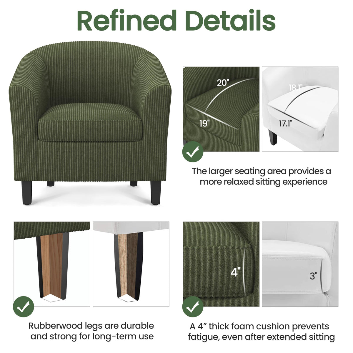 Corduroy Barrel Armchairs Set of 2 Dark Green L37115