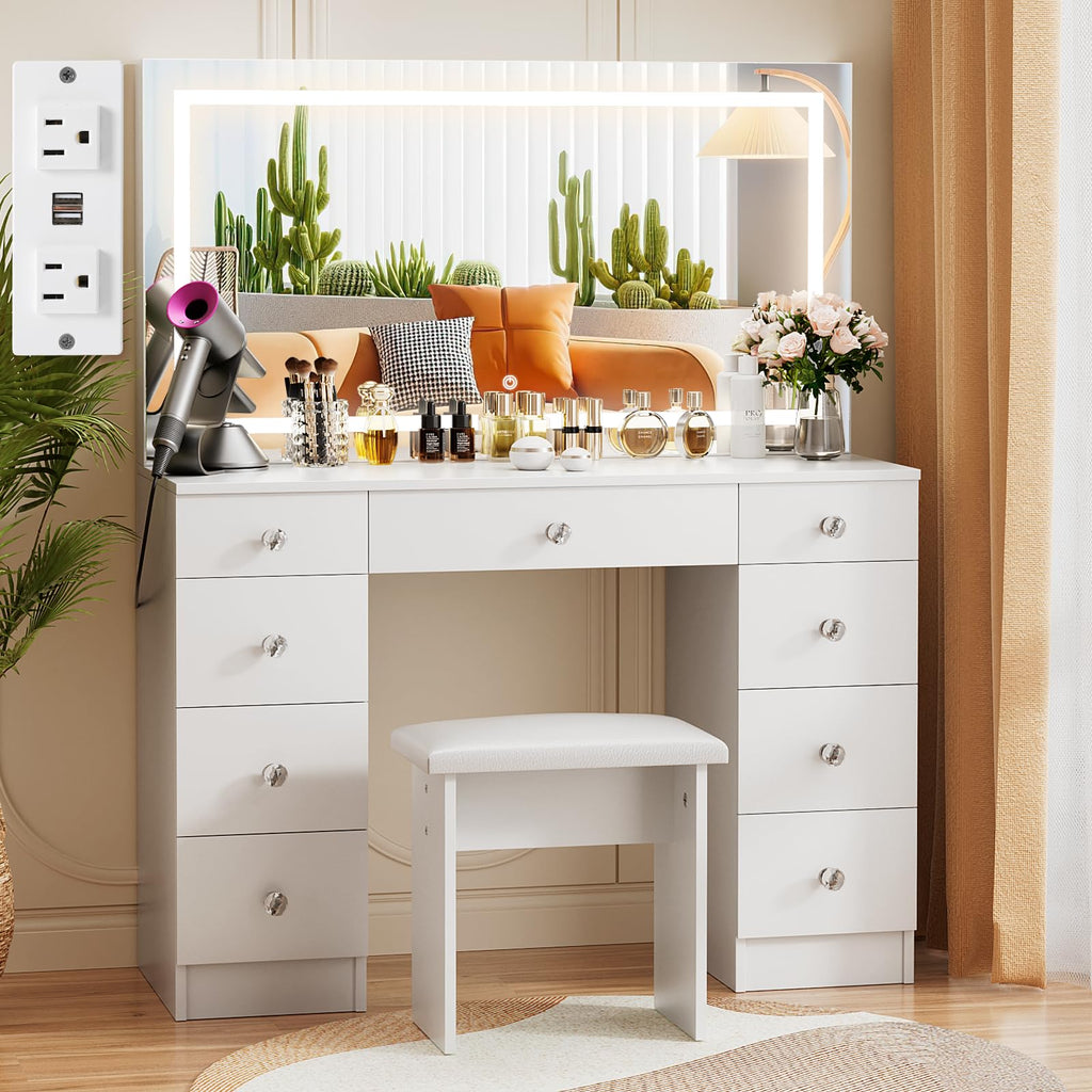 Vanity with Lighted Mirror and 9 Drawers J995