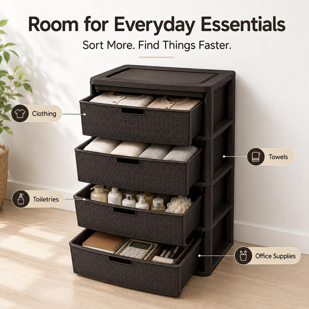4 Drawer Plastic Storage Tower with Brown Weave Bins G31574