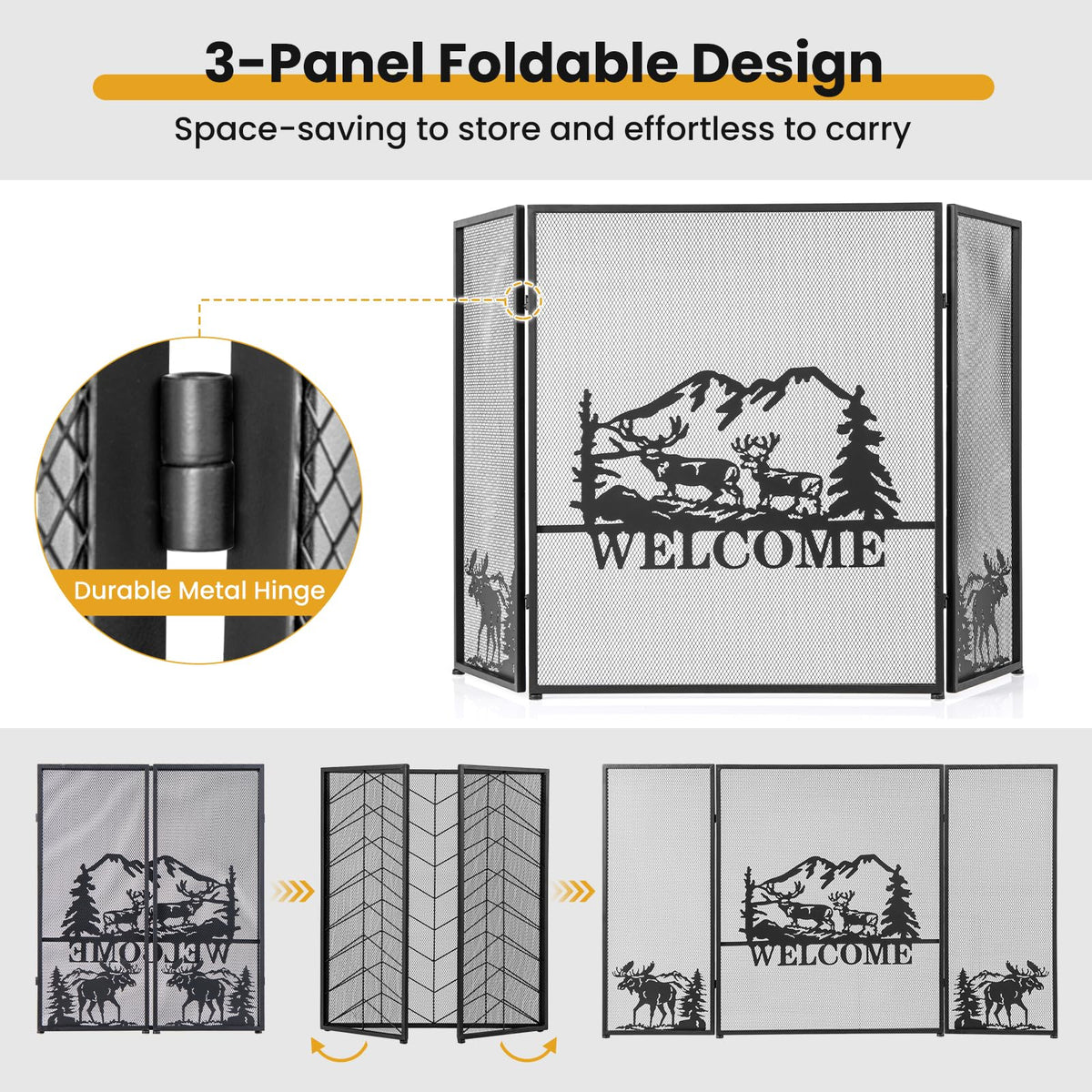Foldable Fireplace Screen with Moose Pattern C503