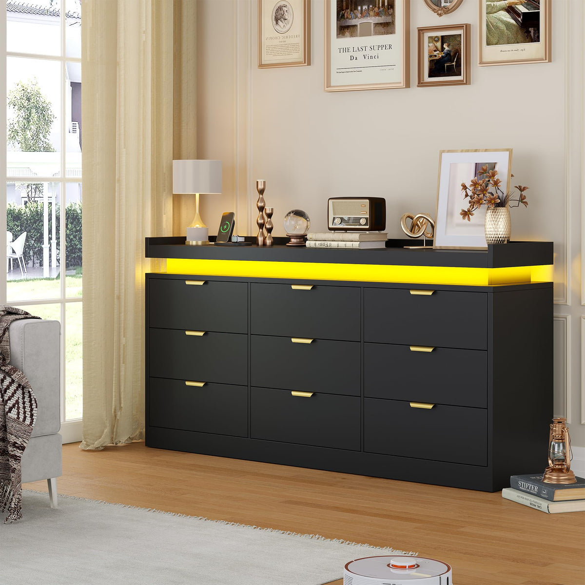 Black 9 Drawer Wood Dresser with LED Lights and Power Outlet U232294