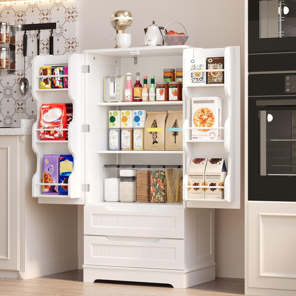 White Pantry Cabinet with 2 Drawers and 6 Door Shelves A728391