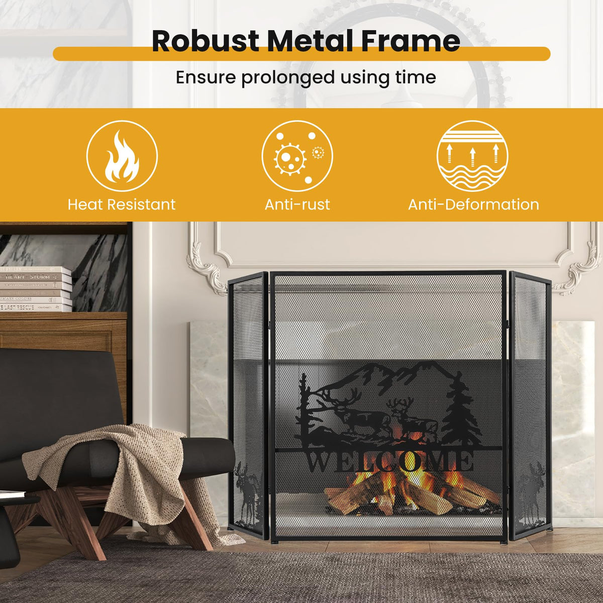 Foldable Fireplace Screen with Moose Pattern C503
