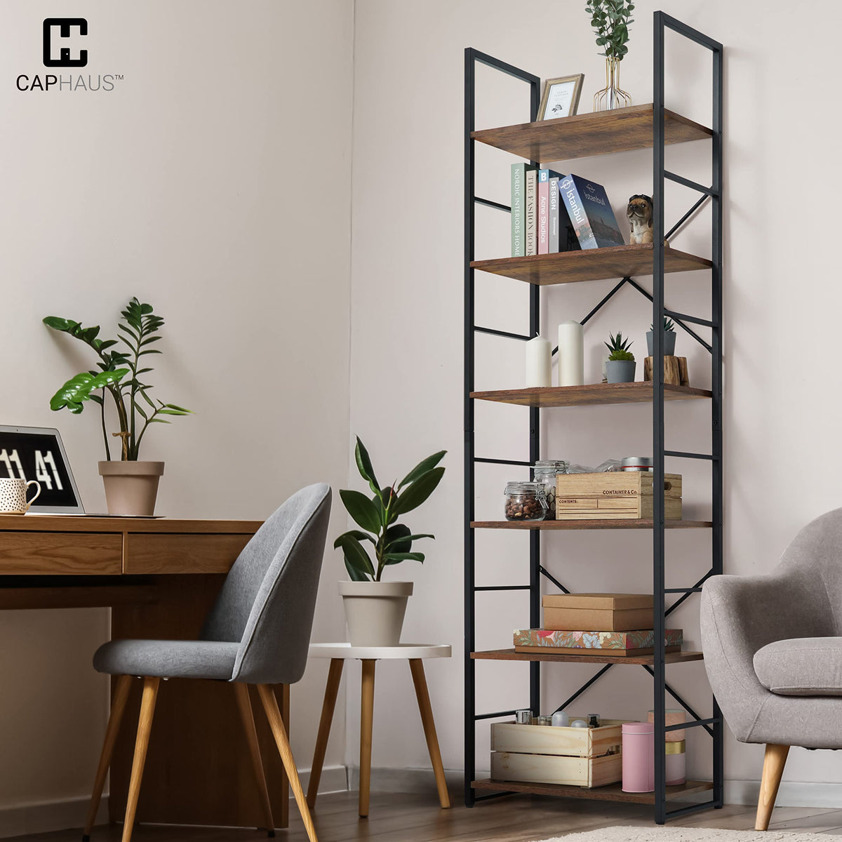 6 Tier 24 Inch Rustic Oak Bookshelf O130