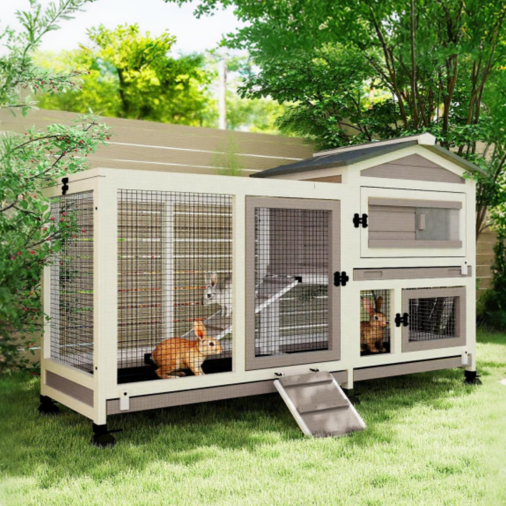 2 Story Wooden Rabbit Hutch with 6 Lockable Wheels A74561