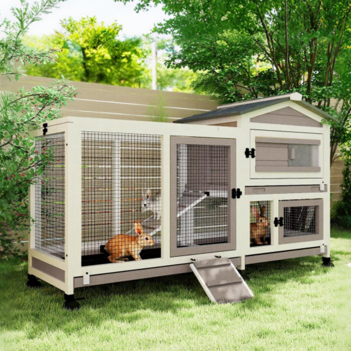 2 Story Wooden Rabbit Hutch with 6 Lockable Wheels A74561