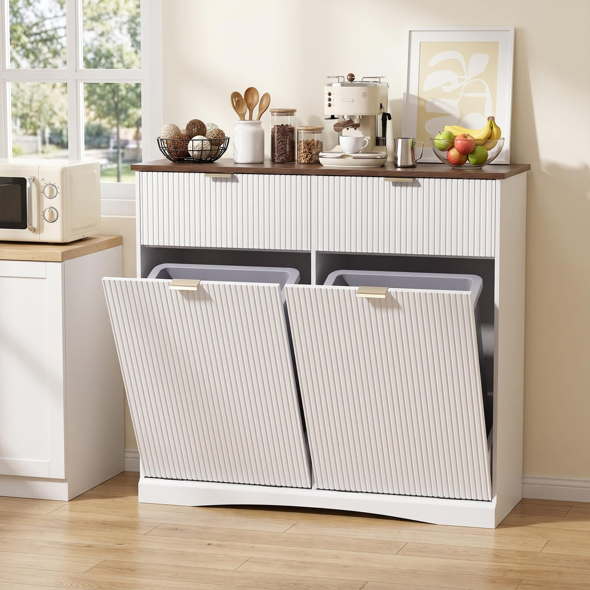 White and Dark Walnut Tilt Out Trash Cabinet M7469