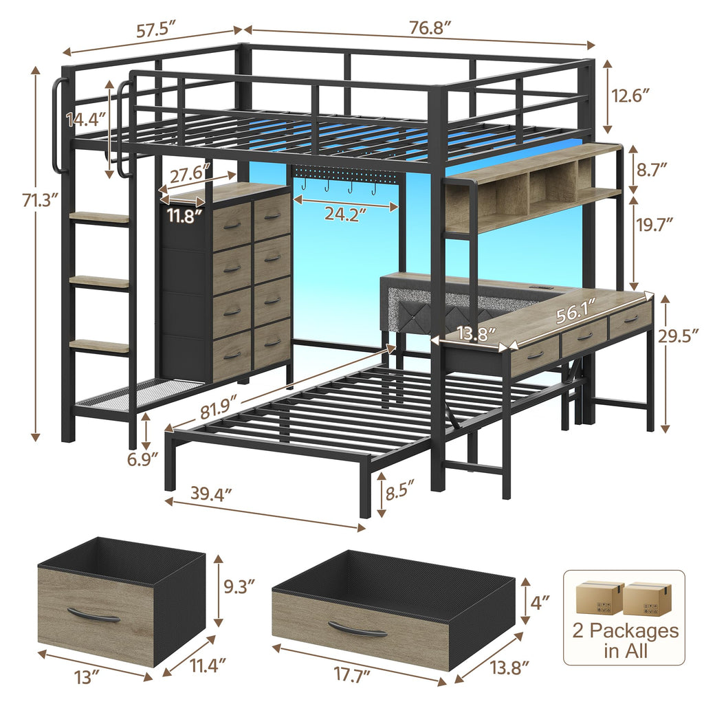 Oak Gray Full Over Twin Bunk Bed with Desk and Drawers B6116