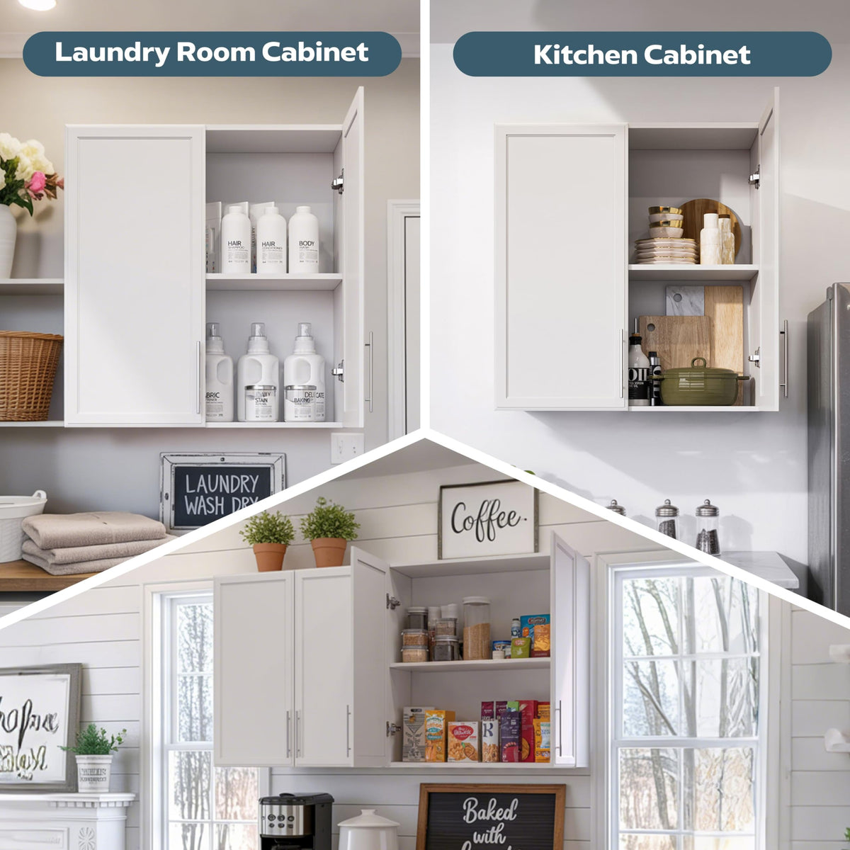 60" W White Laundry Room Wall Cabinets with Adjustable Shelf L138