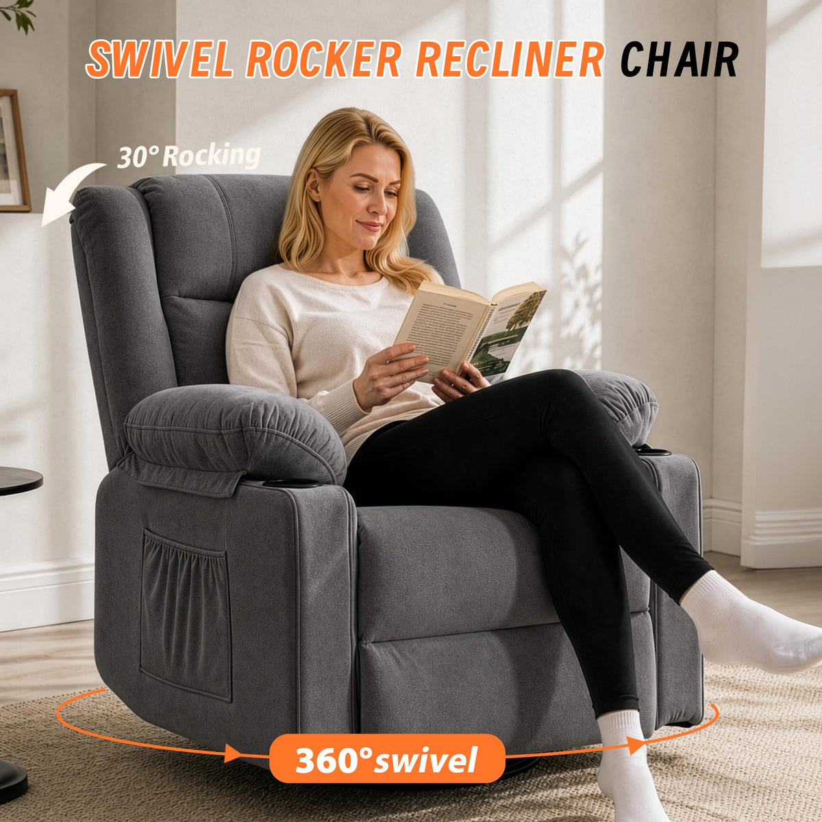 Grey Manual Swivel Rocking Recliner Chair with Massage and Heating Z403