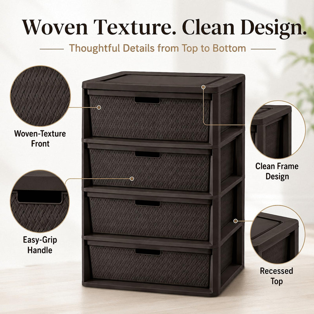 4 Drawer Plastic Storage Tower with Brown Weave Bins G31574
