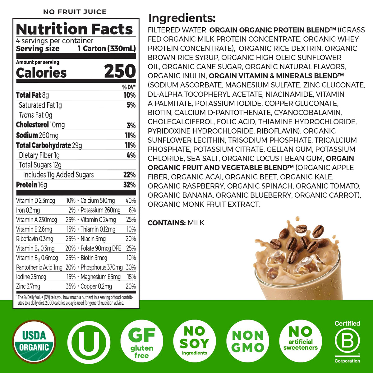 Organic Grass Fed Protein Shake, Café Mocha, 11oz, 12pk U518137