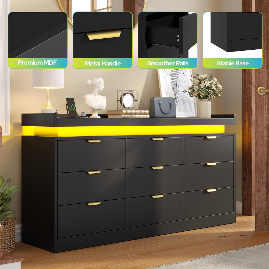 Black 9 Drawer Wood Dresser with LED Lights and Power Outlet U232294