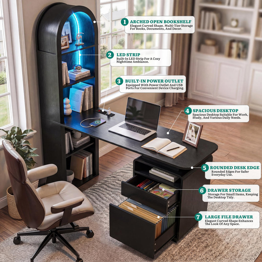 59" Computer Desk with LED Lights & Power Outlets, Black I248