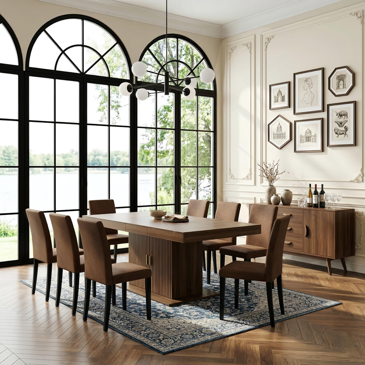 Brown 9 Piece Extendable Dining Table Set with 8 Suede Chairs D798680