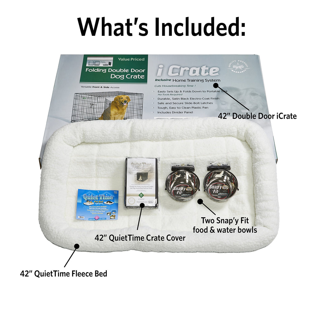 42-inch Double Door Dog Crate with Pet Bed, 2 Bowls and Privacy Cover Y83112