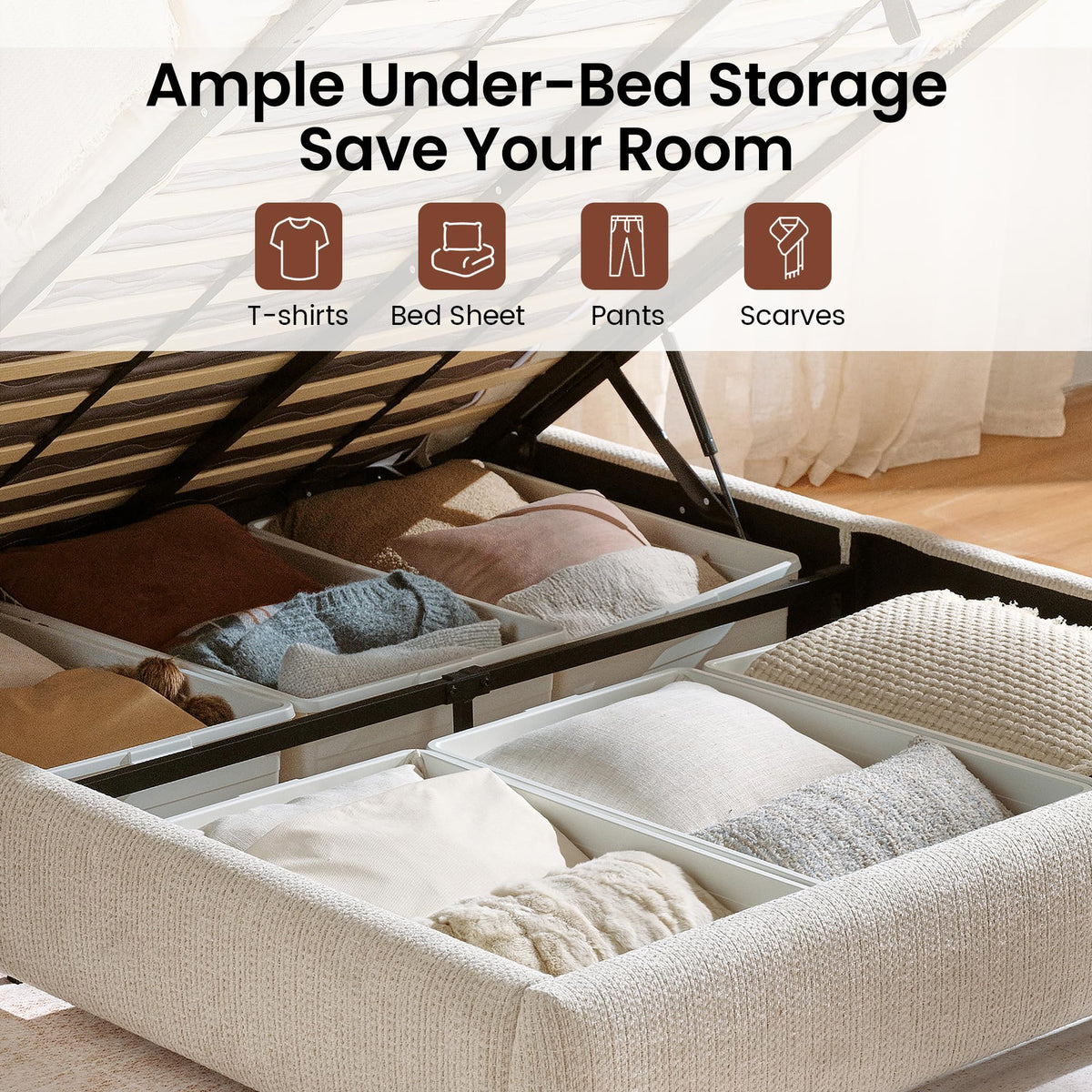 Queen Lift Up Storage Bed Frame with Adjustable Headboard, Beige R345394