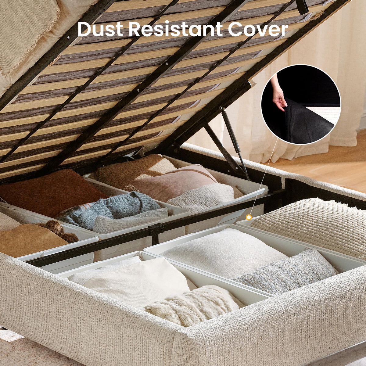 Queen Lift Up Storage Bed Frame with Adjustable Headboard, Beige R345394