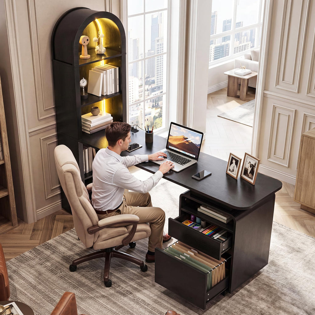 59" Computer Desk with LED Lights & Power Outlets, Black I248