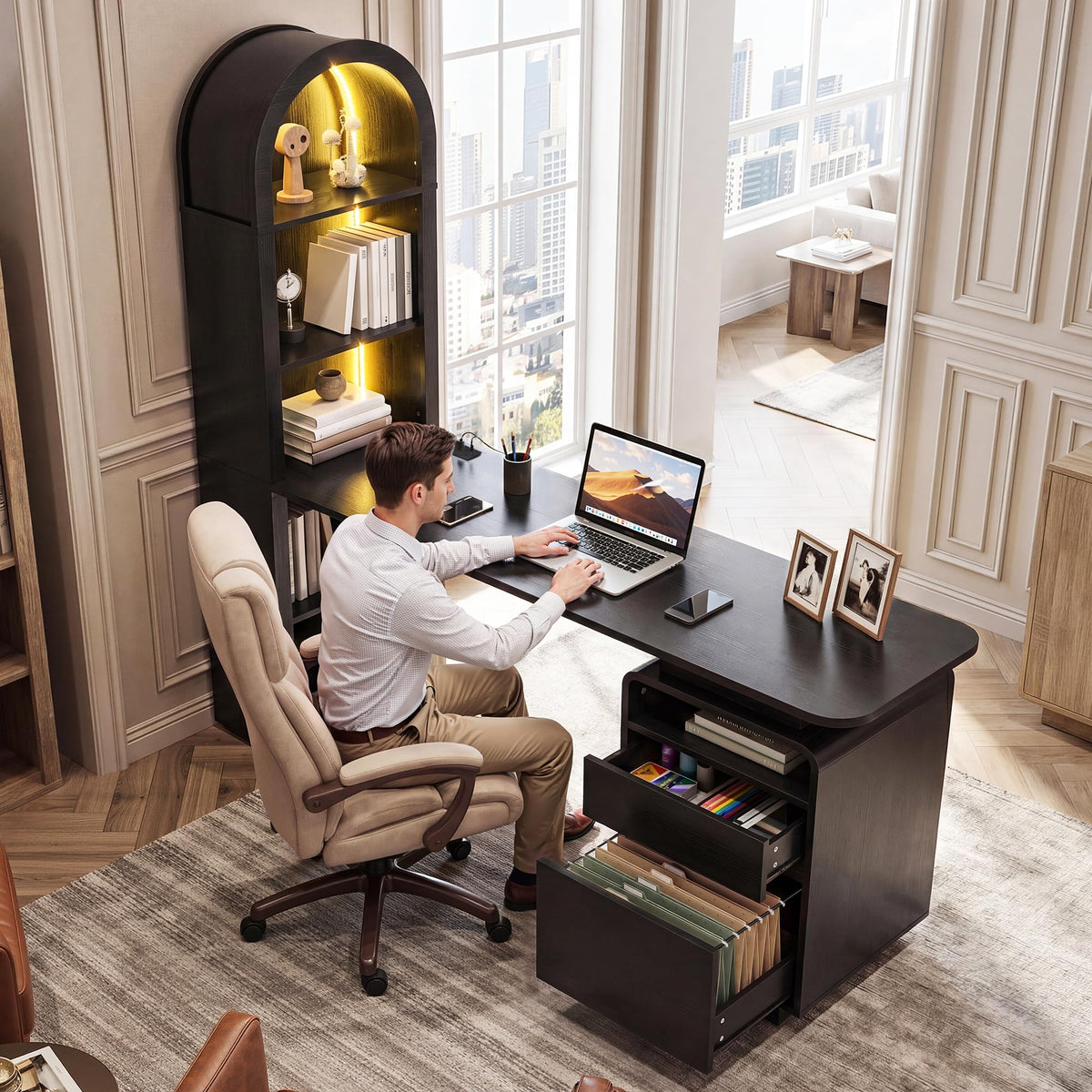 59" Computer Desk with LED Lights & Power Outlets, Black I248
